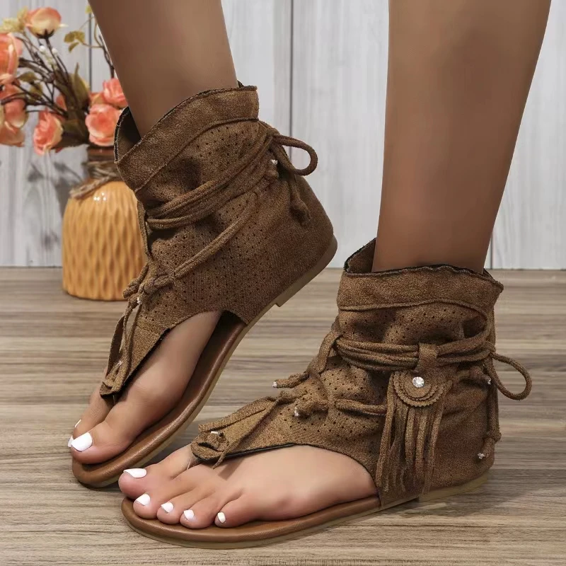 Women's Flat Sandals 2025 Summer New Retro Gladiator Sandals Retro Casual Tassels Rome Toe-clip Boots Boats Zapatos Mujer