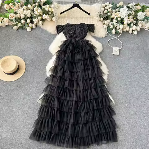 Luxury Celebrity Black Evening Party Dress Princess Ball Gown Slash Neck Glitter Suspender Jumpsuit with Long Mesh Tail Dress