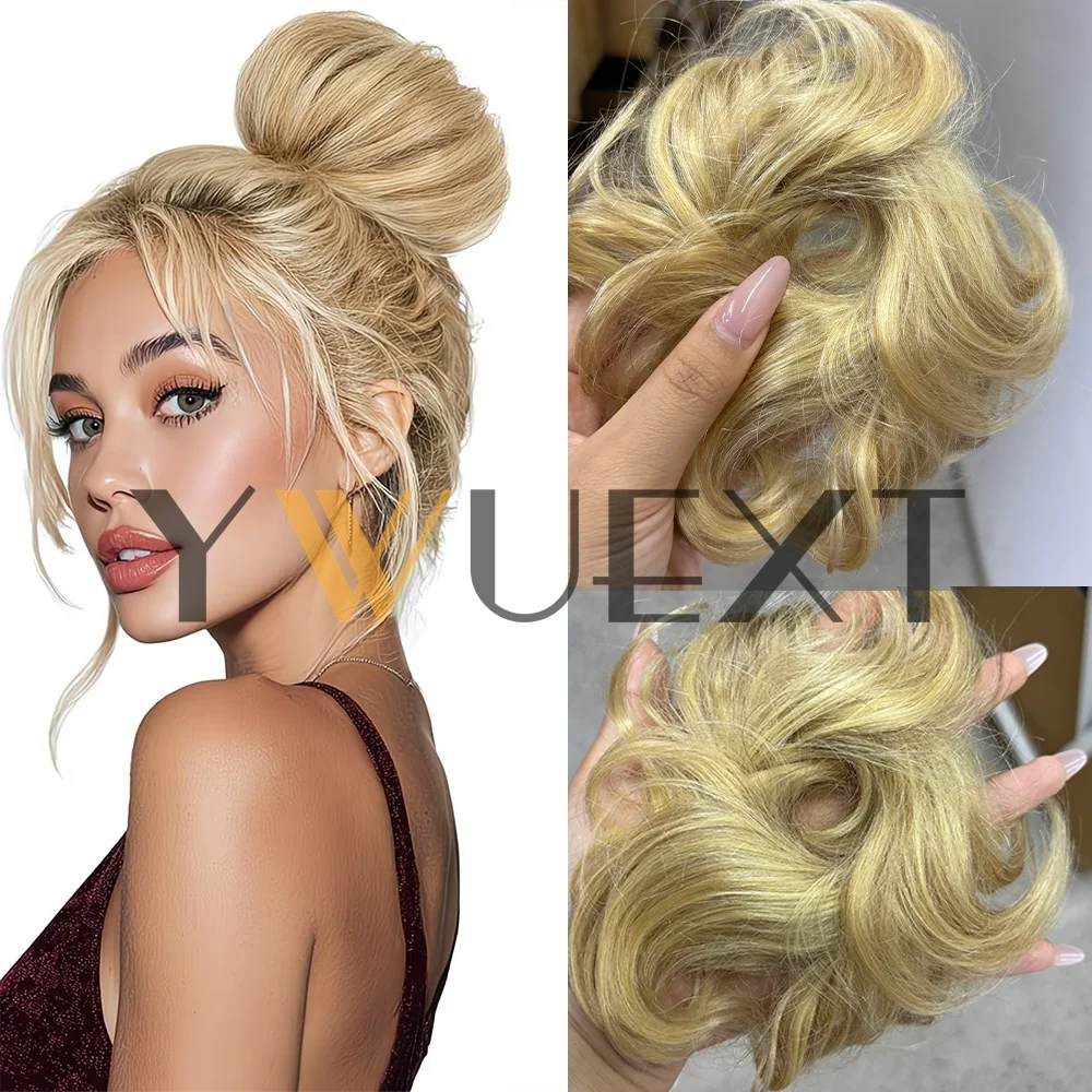 P18A/613# Messy Bun Hair Piece Real Tousled Updo Extension Natural HighLight Curly Buns with Elastic Band Hair Piece Ponytail Extensions for Women