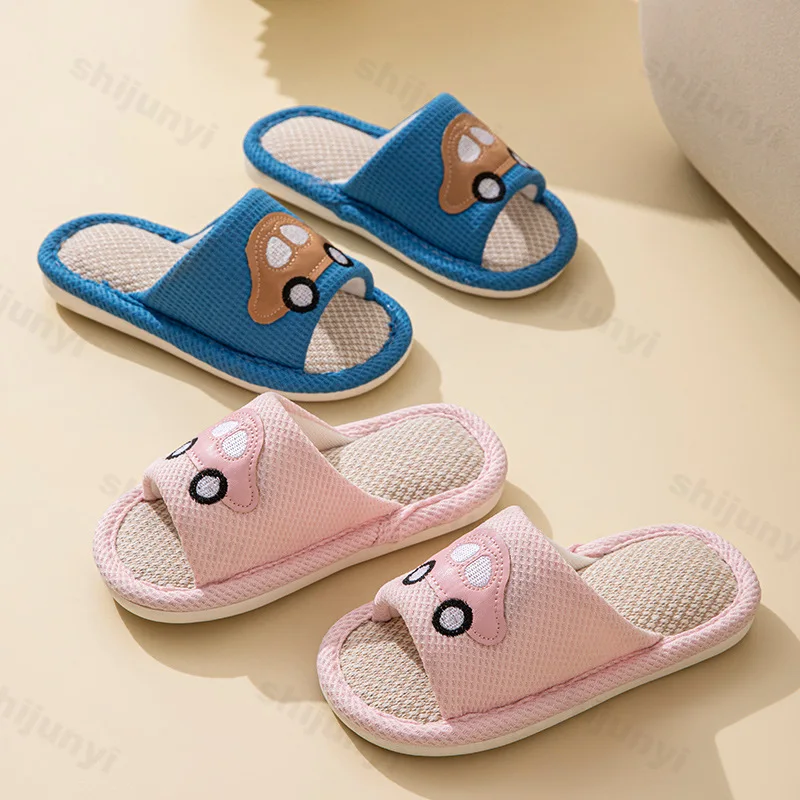 Children's Indoor Home Shoes Cartoon Car Spring Anti-slippery Open-toe Slippers Linen Floor Breathable Girls Boys House Slippers