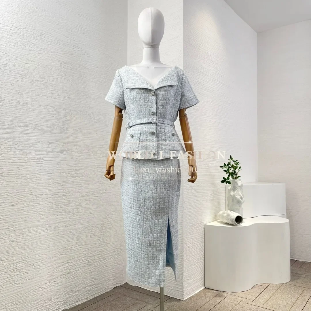 

2025 New Blue Short Sleeve Tweed Slit Hem Midi Dress