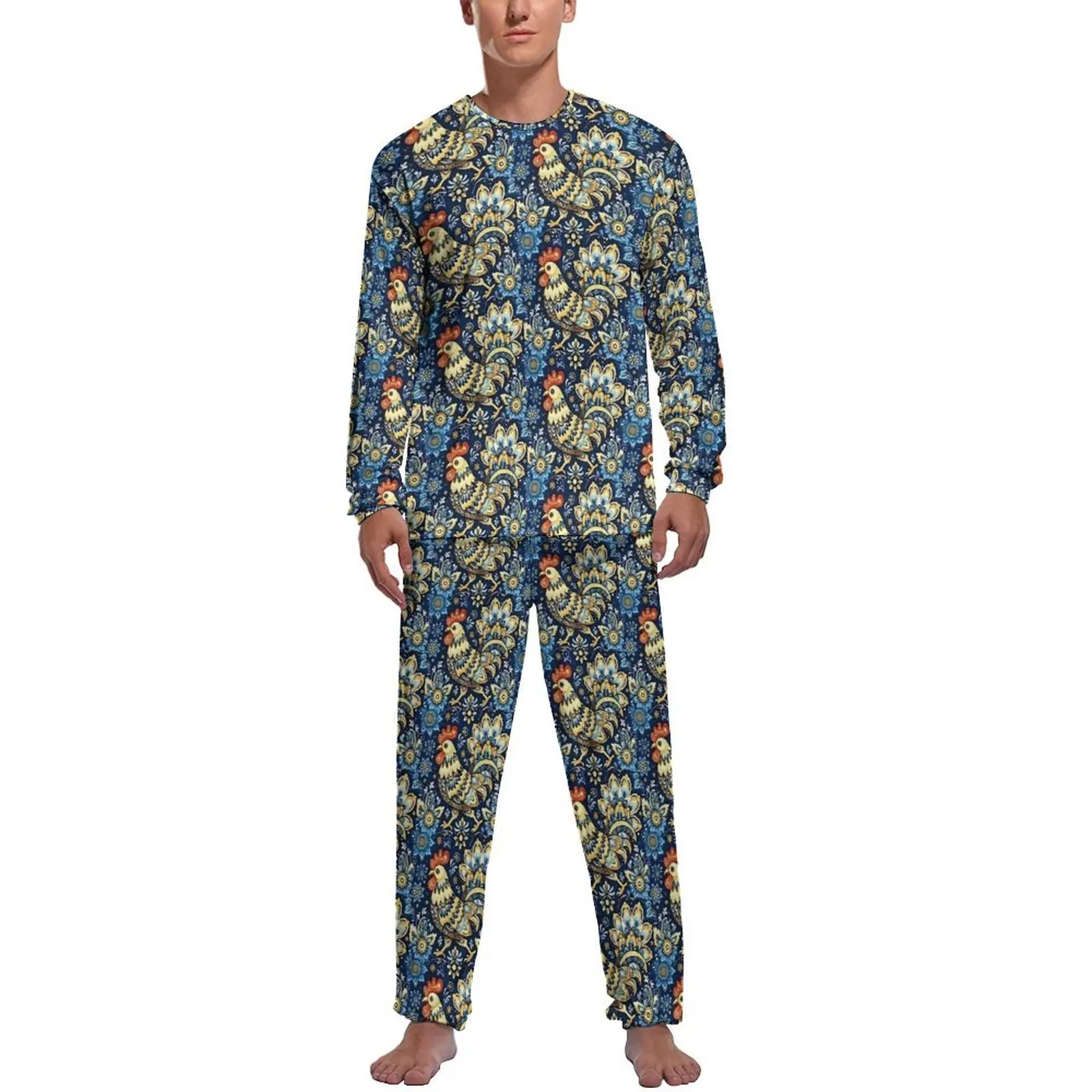 

Folk Art Chickens Pajamas Autumn 2 Piece Rooster Floral Elegant Pajama Sets Man Long Sleeves Home Graphic Nightwear