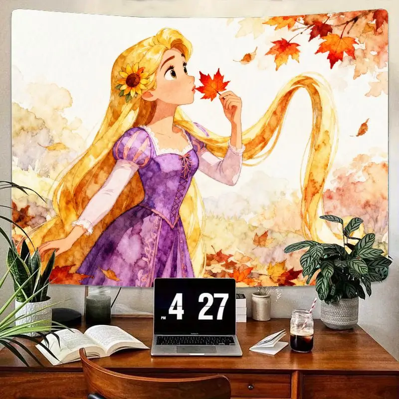 

1 шт., акварельный Рапунцель, осенний гобелен, очаровательная принцесса Диснея, настенное искусство с осенними листьями для эстетического декора спальни в общежитии,