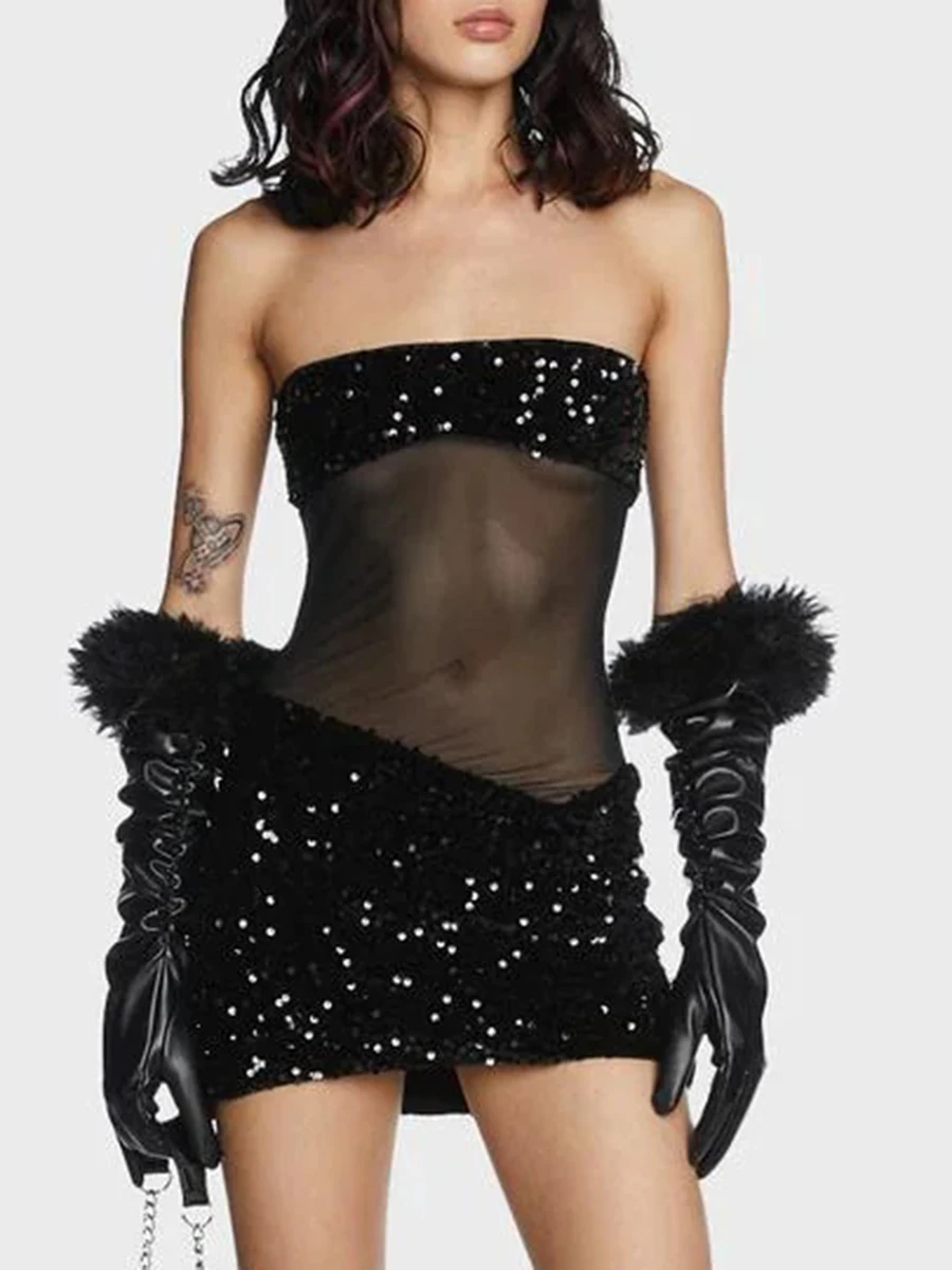 TWOTWINSTYLE Slimming Sheer Spliced Sequins Sexy Dresses for Women Strapless Sleeveless Fashion Mini Dress Female Clothing New