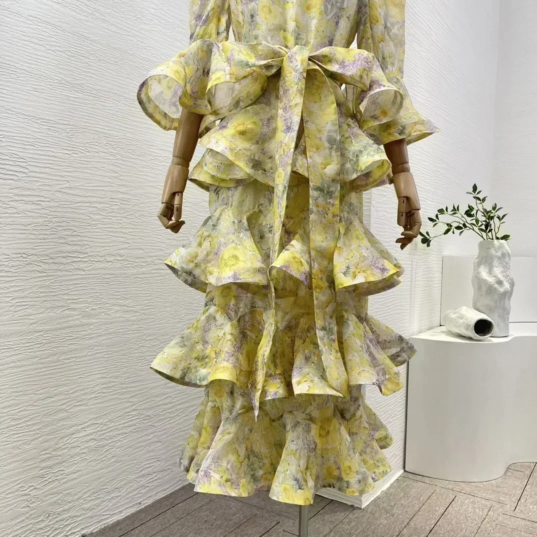 InjLinen-Robe mi-longue à volants à imprimé floral jaune pour femme, col roulé en cascade, nœud, haute qualité, nouveau, 2024