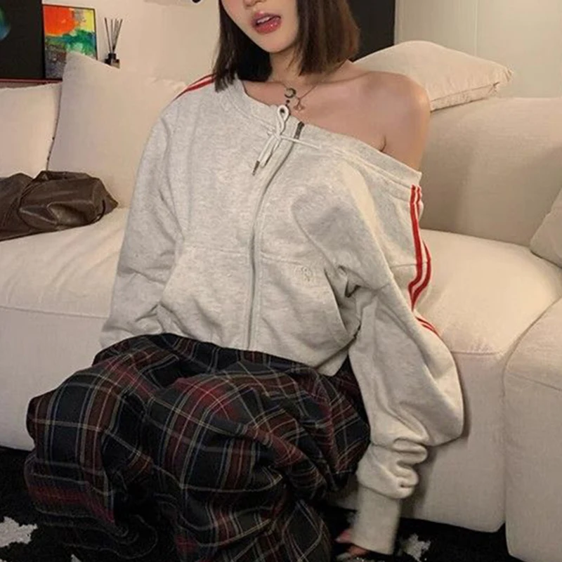 مثير قبالة الكتف الشارع الشهير البلوز المرأة البريدي الجانب شريط معطف أمريكي الخريف الجاز الرقص الهيب هوب عادية كسول