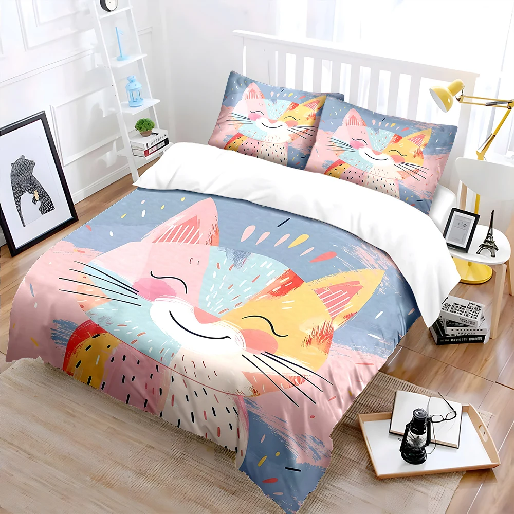 

Colorful smiling cat illustration Print Bedding Set 1 Duvet Cover 2 Pillowcases for Adult and Children Luxury Gift Full Size