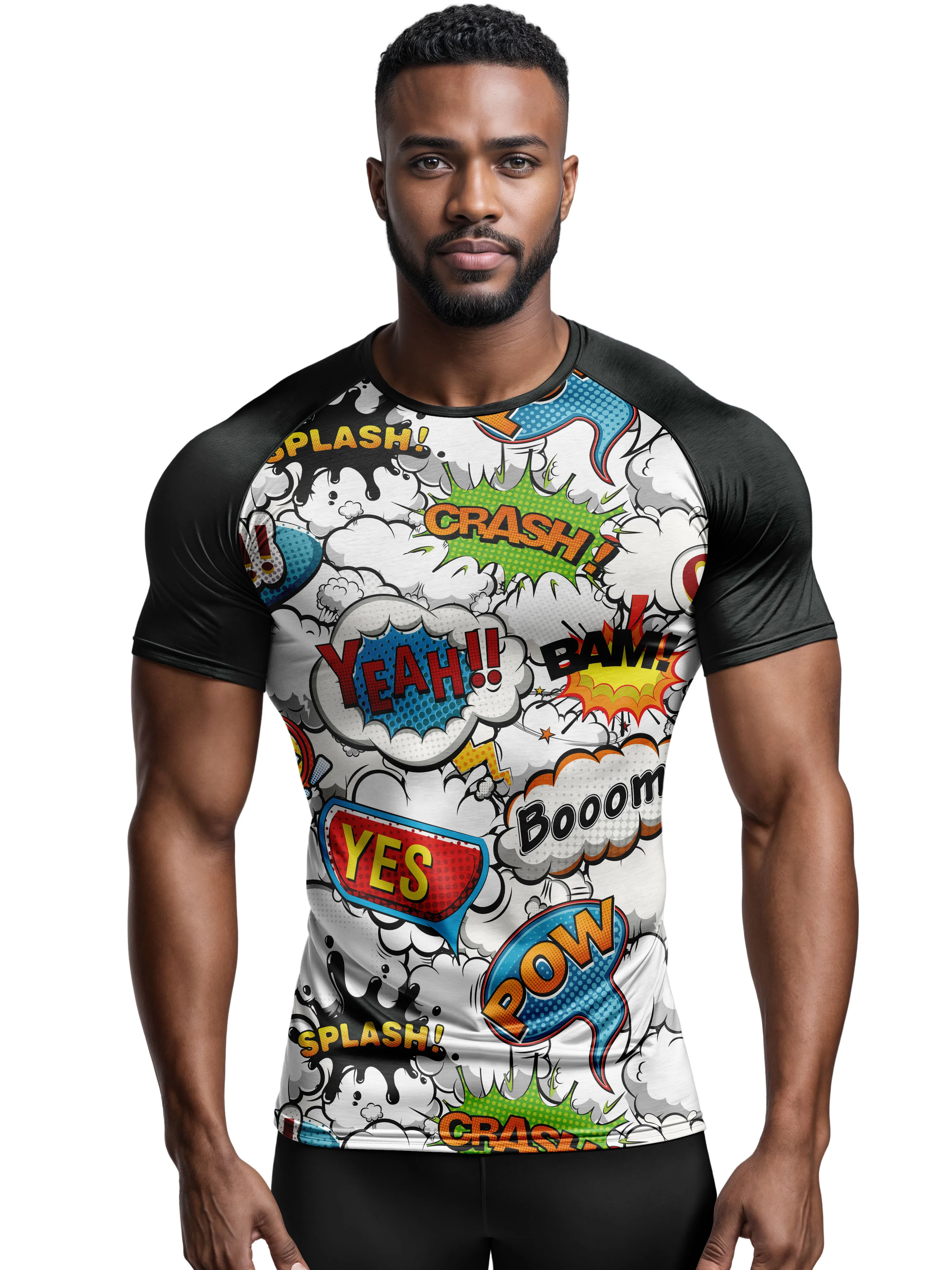 Men Comic Pop Art T-Shirt, Black Raglan Sleeve Cartoon Speech Bubble Boom Pow Crash Print Crew Neck Graphic Tee