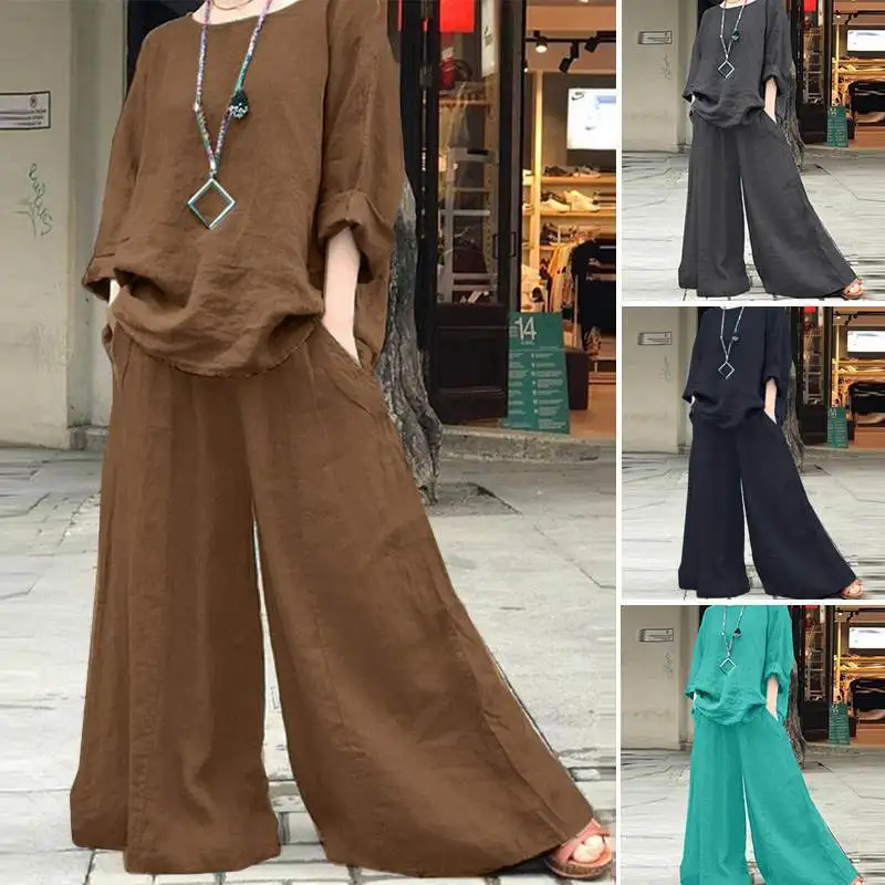 Casual Cotton Linen Set Women\'s O Neck Long Sleeve Blouses Wide Leg Pants Culottes 2piece Sets Autumn Retro Loose Female Suit