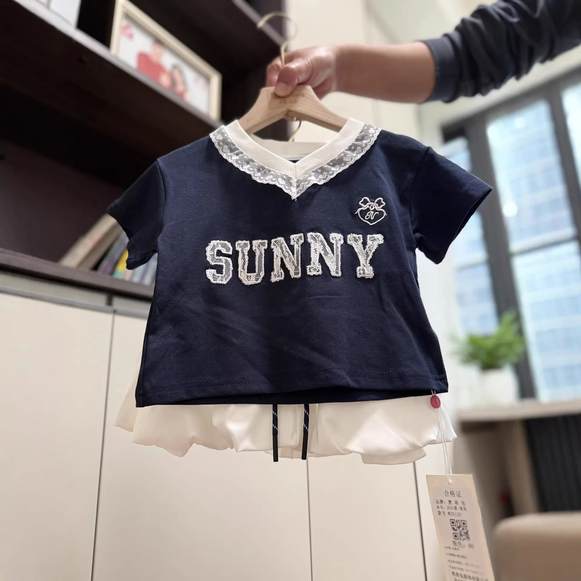 Girls Sweet Set Spring Summer Children Lace Short Sleeve Top Shorts Two Piece Set Children Clothing