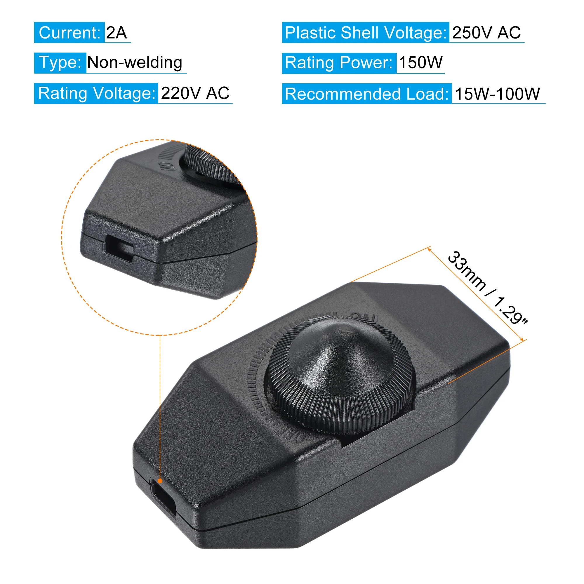 สวิตช์สายหมุน2ชิ้น AC 220V 2A 150W ควบคุมสไลด์ทุกช่วงไม่มีสกรูเชื่อมขั้วโคมไฟหรี่สีดำสำหรับไฟในร่ม