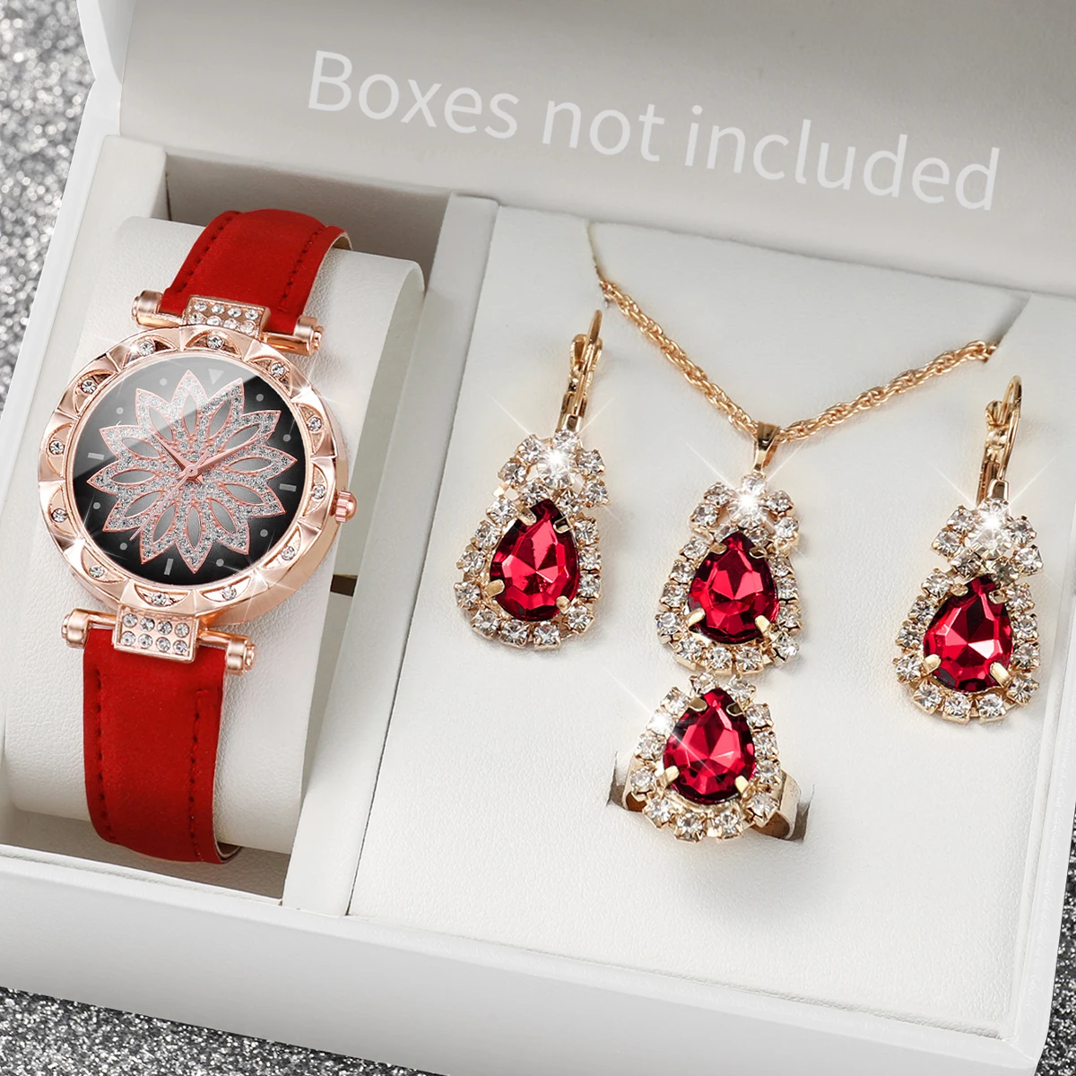 5Pcs/set Fashion Women\'s Watch Flower Dial Quartz Watches Leather Band Wristwatches Rhinestone Jewelry Set(Without Box)