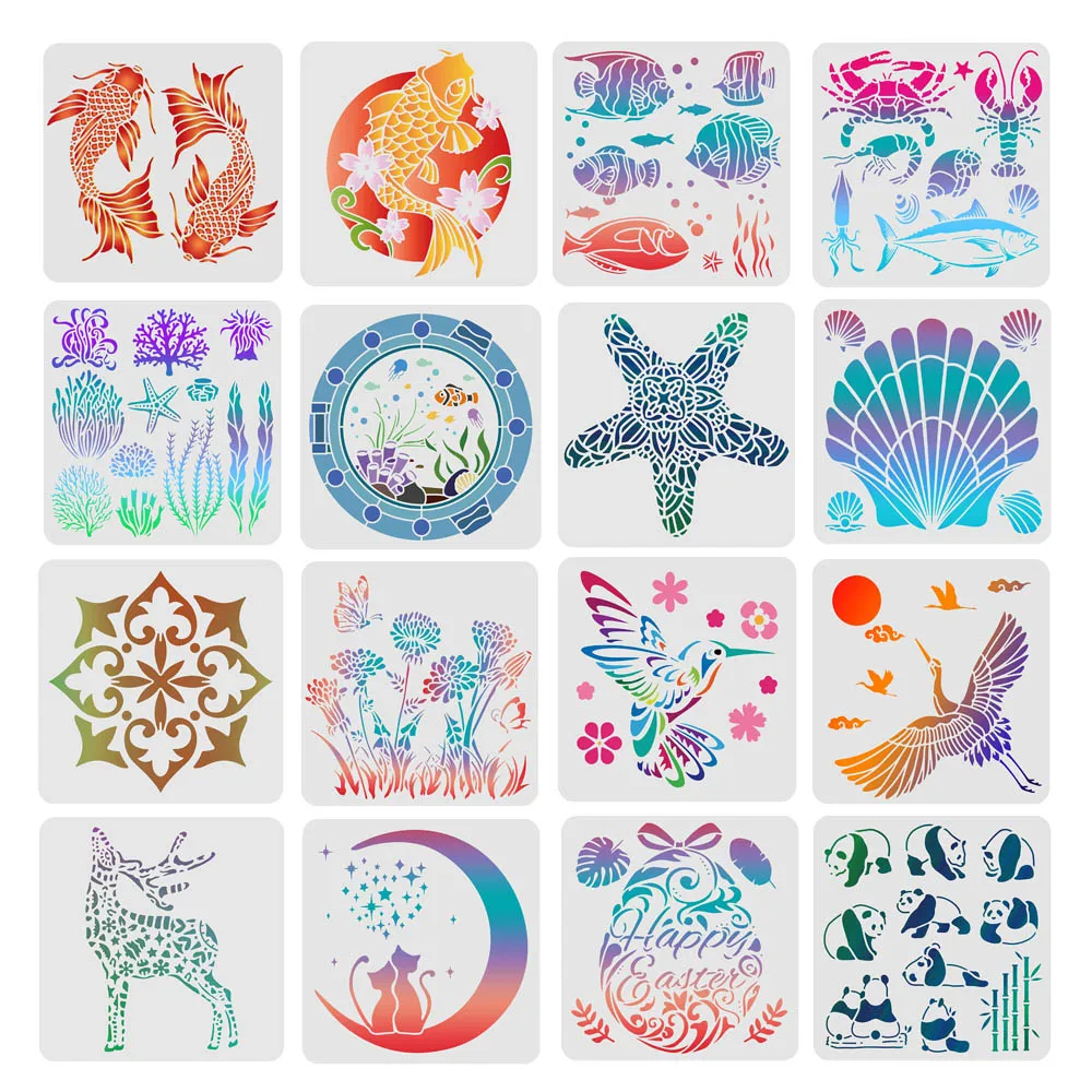 Koi Drawing Painting Stencils Templates Plastic Fish Stencil Decoration Square Carp Stencils for Wood Floor Wall and Fabric