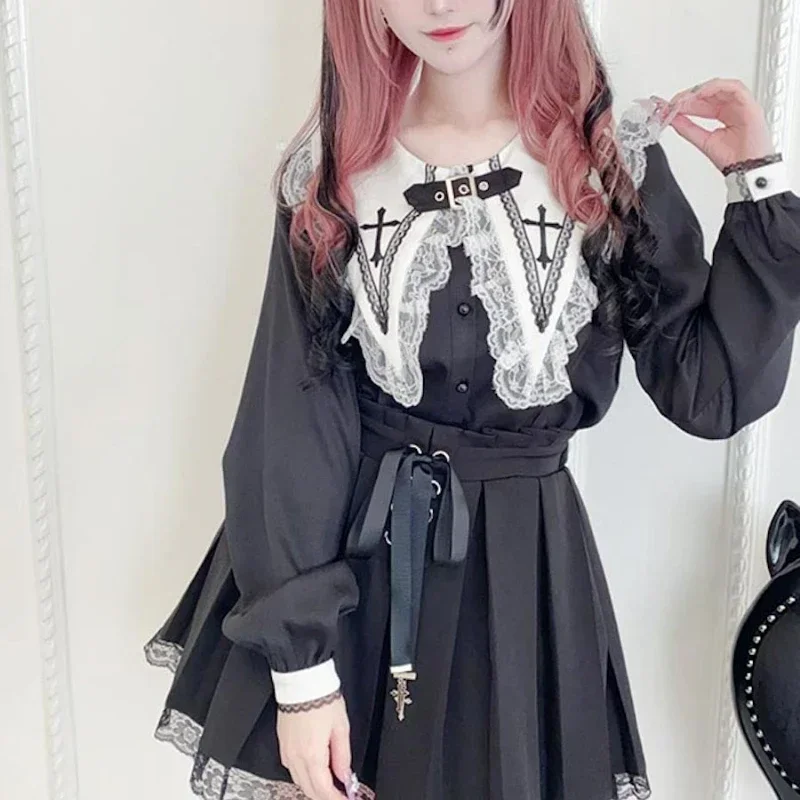 

Victorian Gothic Lolita Blouses Japanese Sweet Lace Ruffles Embroidery Sailor Collar Shirt Women Punk Style Y2k Long Sleeve Tops