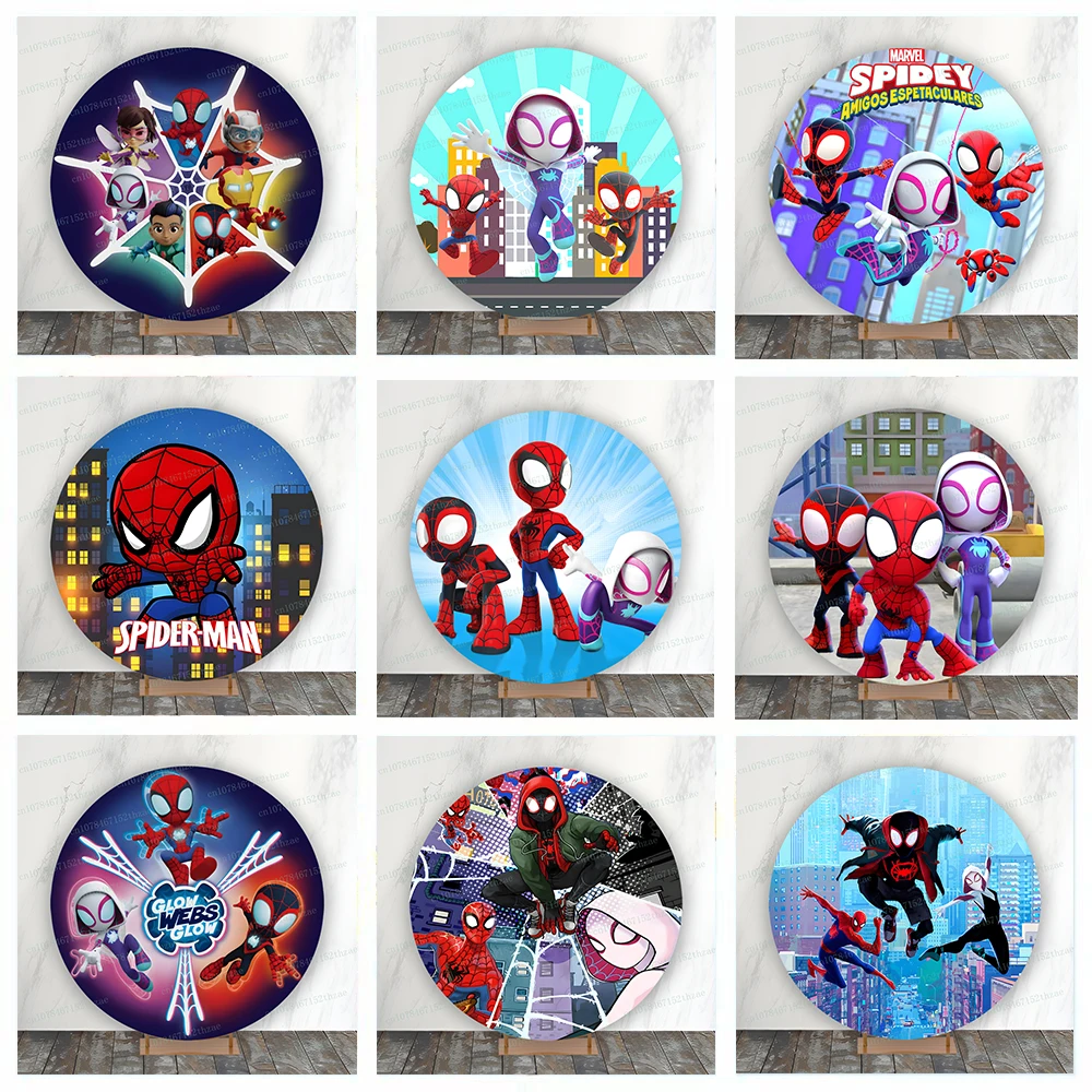 Avengers Spider Man Cartoon Birthday Party Photo Background Baby Shower Round Photography Backdrop Cartoon Banner Decoration ﻿