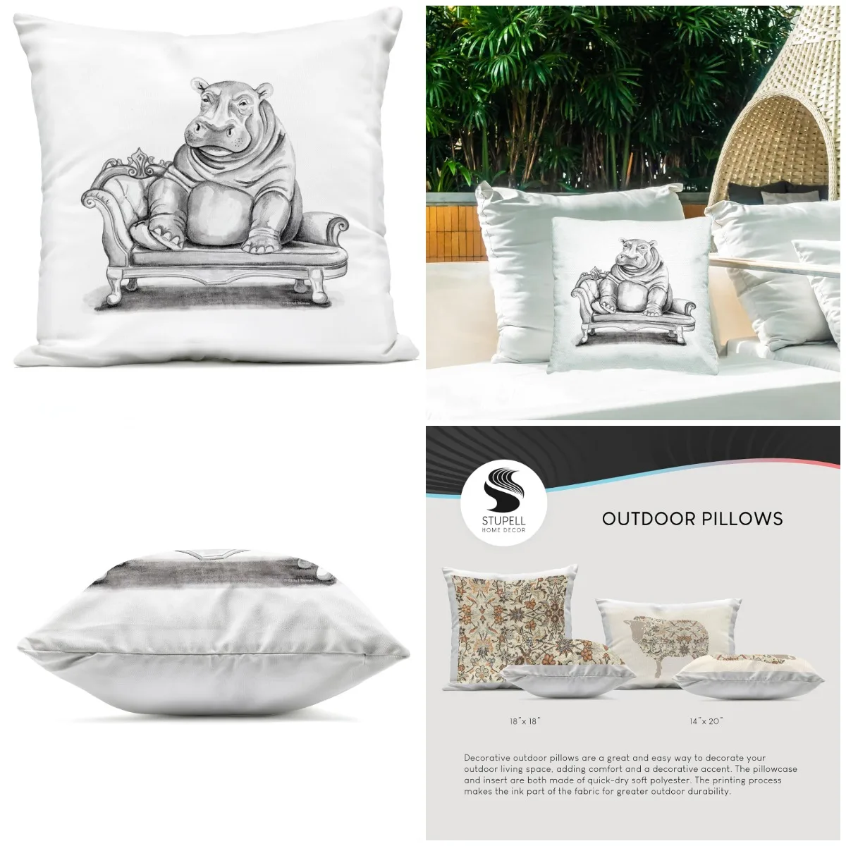 

Hippo on Chaise Lounge Outdoor Printed Throw Pillow, 18 x 7 x 18, Grey