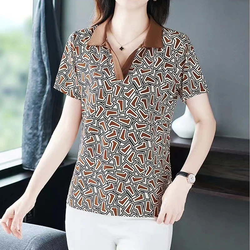 Women Clothing 2024 Summer Korean Fashion Print Patchwork Elegant Polo Collar T-shirt Female Casual Short Sleeve Slim Fit Tops