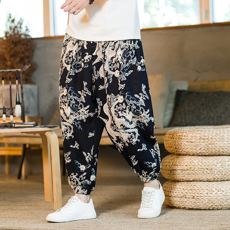 Męskie spodnie haremowe z nadrukiem 2023, nowe bawełniane lniane spodnie ze sznurkiem Streetwear Hip Hop Fitting Jogging Loose Casual Wide Leg Pants