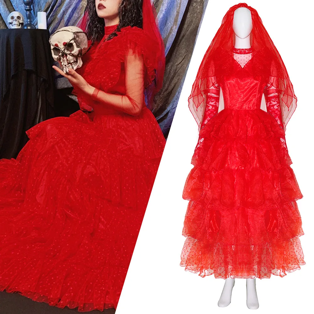 

Movie Red Wedding Dress with Veil Cosplay Costume Halloween Masquerade Carnival Party Outfits for Women