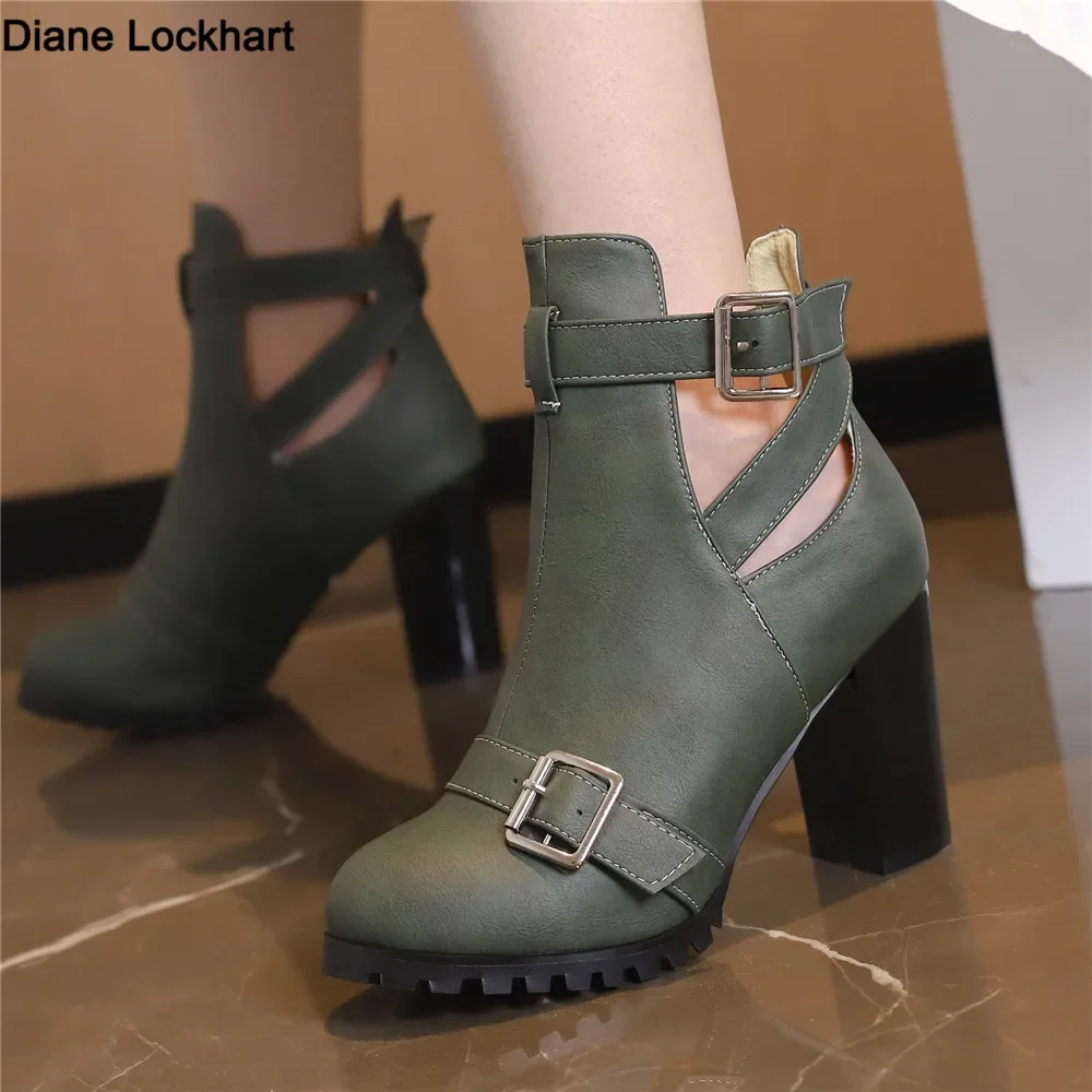

Women Chelsea Boots 2025 Spring Autumn Shoes Lady Fashion Platform Buckle Hollow Motorcycle Booties Female Thick Heel Pumps