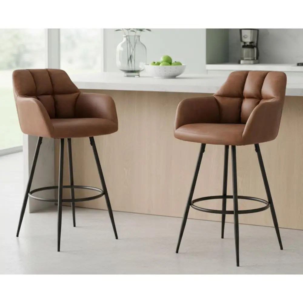 

Vintage Upholstered Leather Bar Stools Set of 2, 30 High with Metal Back & Arms, for Kitchen/Dining/Pub