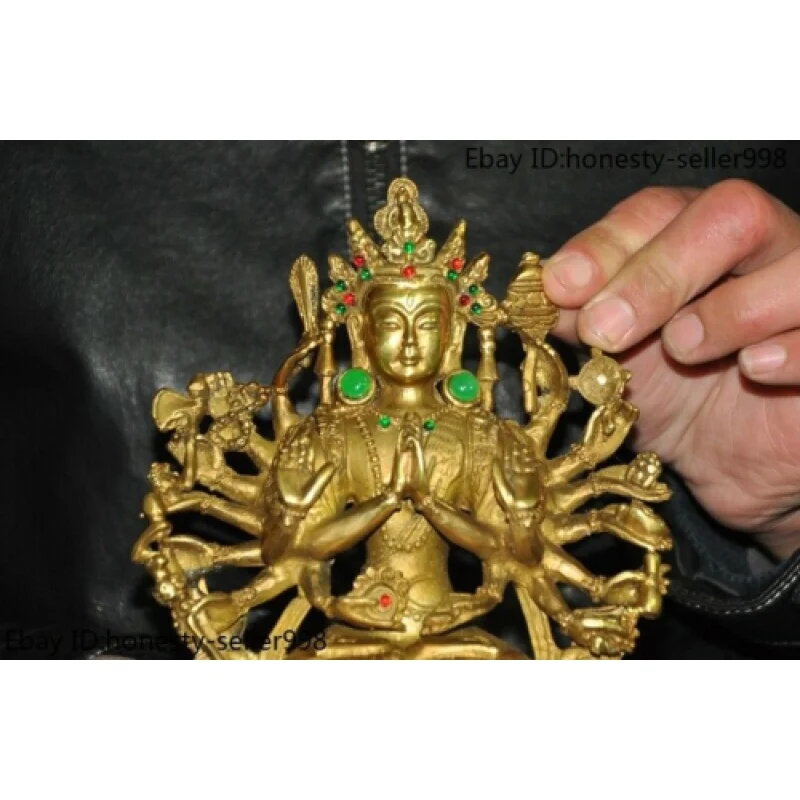 7.2'' Tibet temple bronze Gilt gem Avalokitesvara Kwan-Yin GuanYin Buddha statue