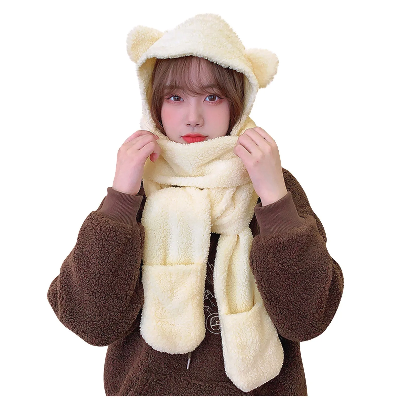 Winter Lamb Wool 3-In-1 Cute Bear Ear Hat Scarf Gloves Set Women Caps Warm Casual Plush Neck Hats Casual Fleece Girls Beanies