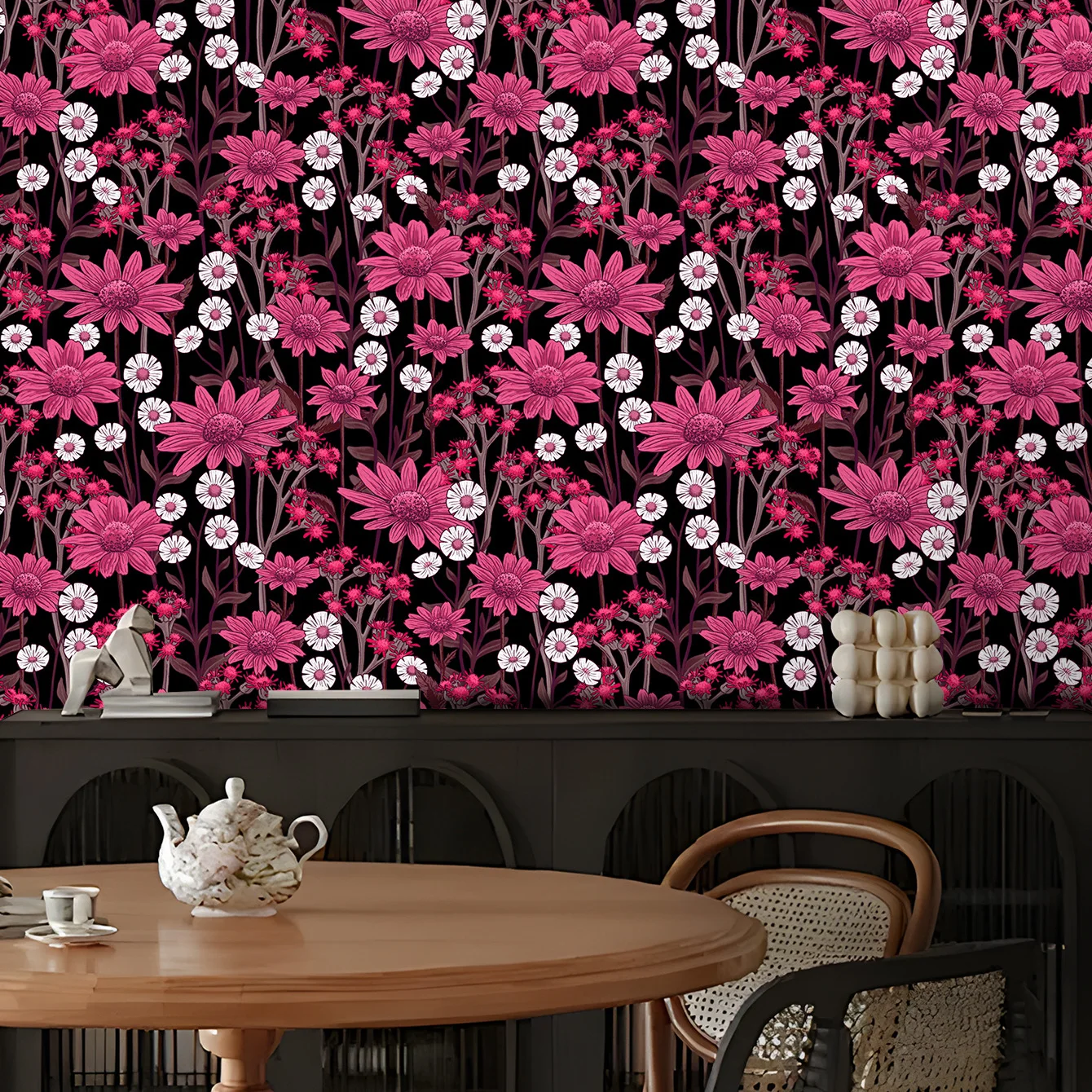 Black Background Pink Daisy Floral Wallpaper Peel and Stick Boho Dark Romantic Flower Wall Mural for Living Room Bedroom
