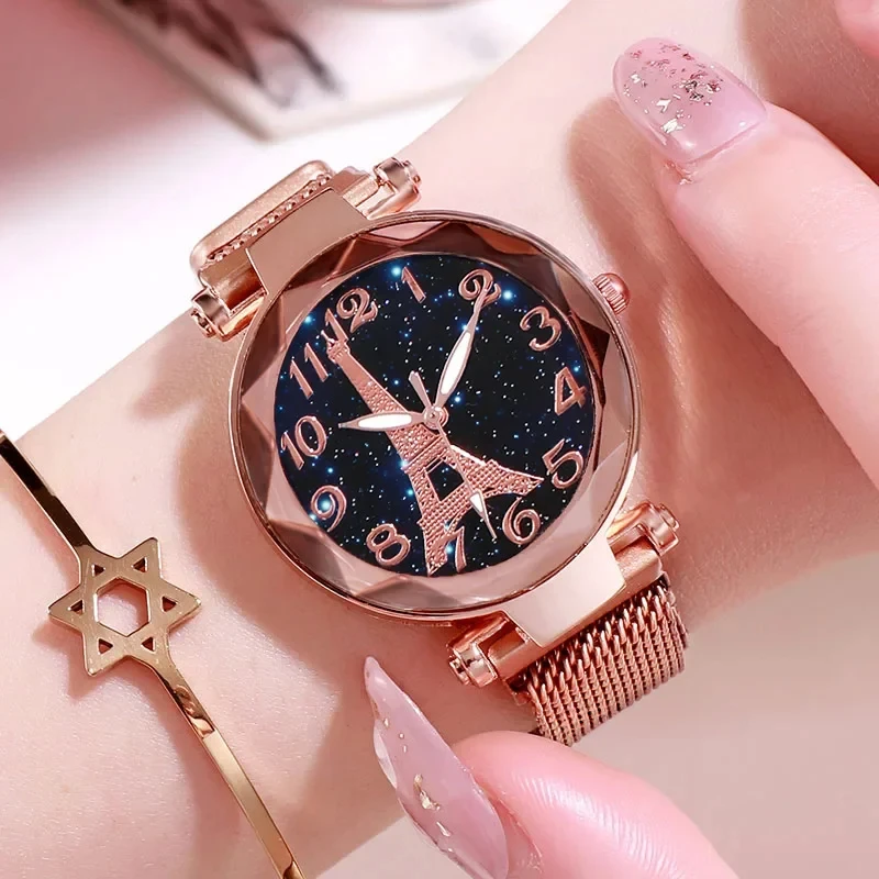 Luxury Mesh Steel Belt Watch Eiffel Tower Star Watch for Women Simple Ladies Dress Party Wristwatch Relógio Feminino Gifts Reloj