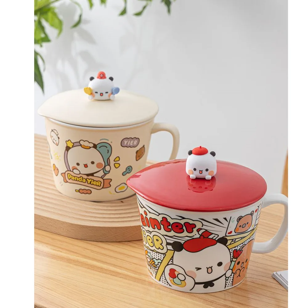 Cartoon Bubu And Dudu Instant Noodle Bowl With Lid And Handle Student Dormitory Cute Panda Ceramic Bowls Canteen Rice Soup Bowl