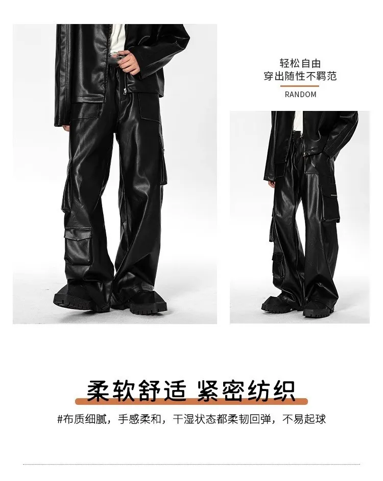 Trendige Neue Herren Loose-Fit Casual PU-Leder Cargohose Amerikanischer Stil Multi-Taschen Hip-Hop-Hose Street Punk Lederhose für Männer – Detail 3