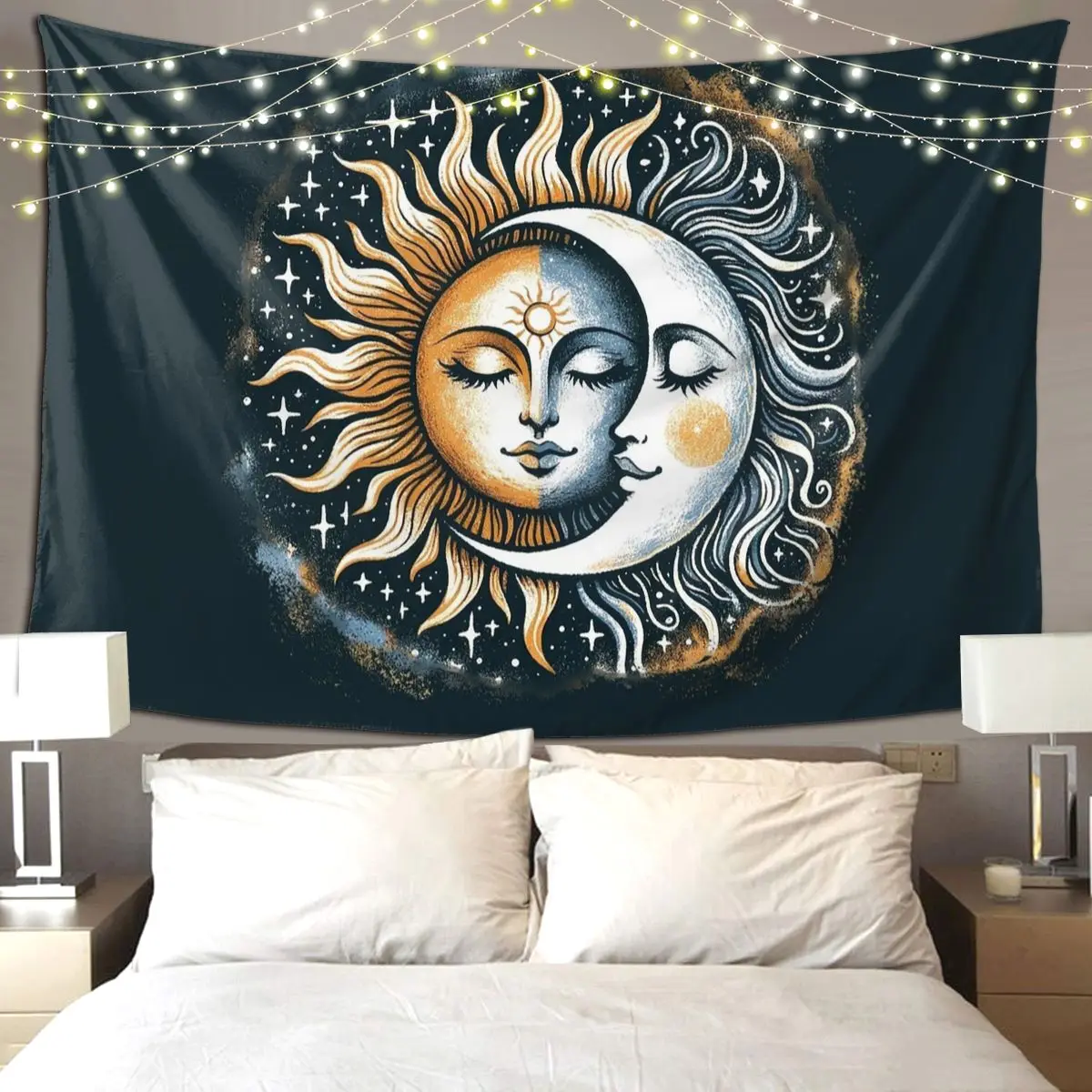 Vintage Sun And Moon Solar Eclipse Tapestry Art Wall Hanging Aesthetic Home Decoration Tapestries Living Room Bedroom Dorm Room