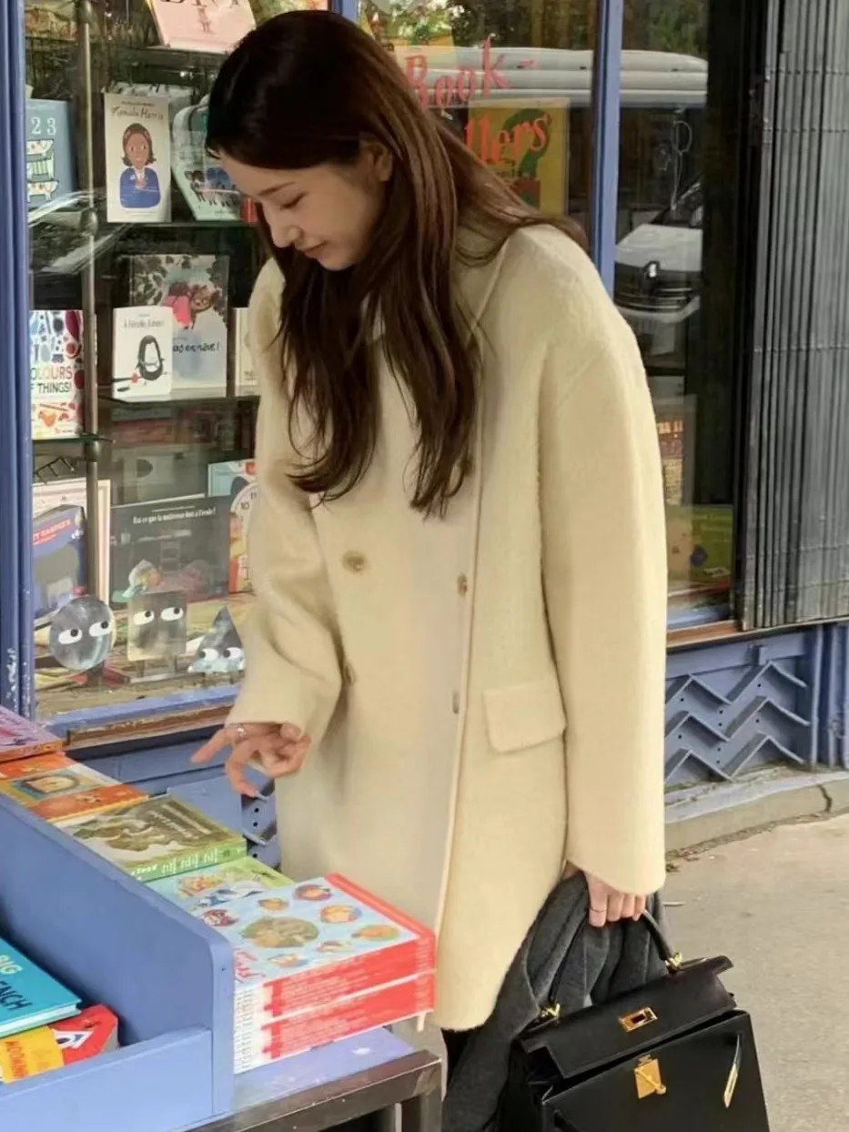 

Пальто женское в стиле корейских драм, с отложным воротником, двубортное, теплая осенне-зимняя верхняя одежда из мягкого флиса