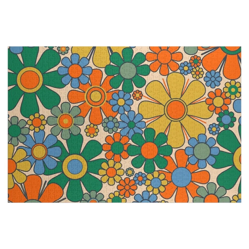 Retro Garden Flowers Groovy 60s 70s Floral Pattern Mustard Green Orange Blue Jigsaw Puzzle Woods For Adults Puzzle