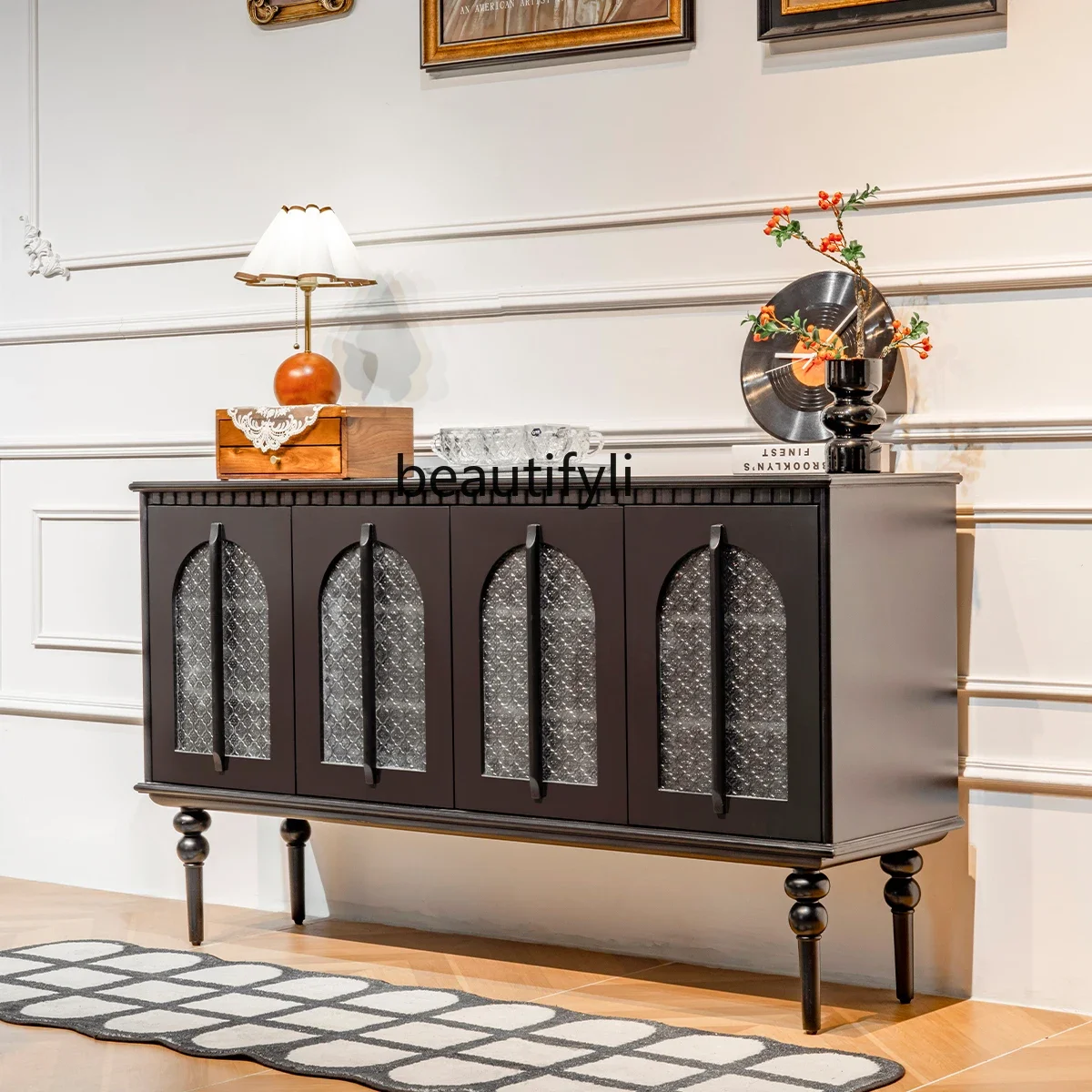 

lbAmerican retro style dining side, glass porch, arched door, black decorative living room TV cabinet
