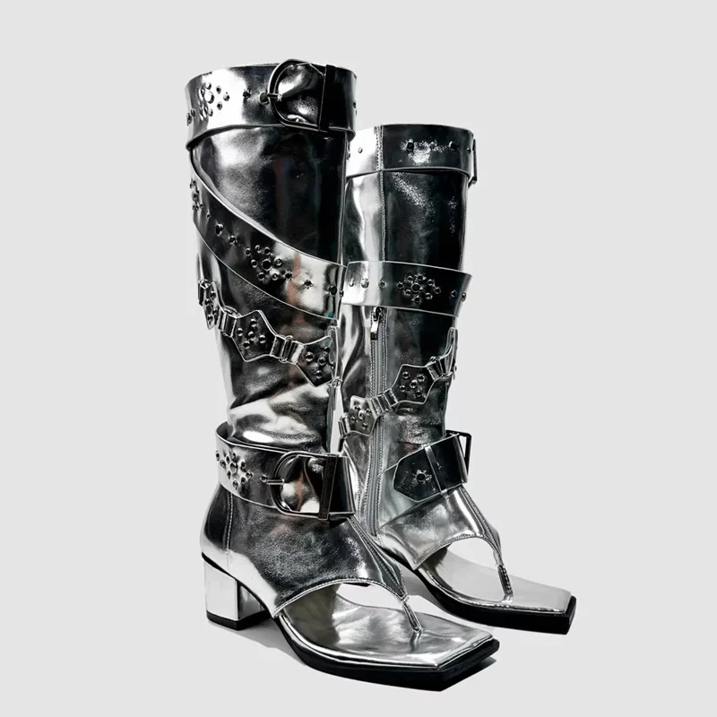 Punk Belt Buckle High Heels Sandals Boots Women Summer Clip Toed Bling Silver Motorcycle High Boots Mid-Calf Western Boots view 2