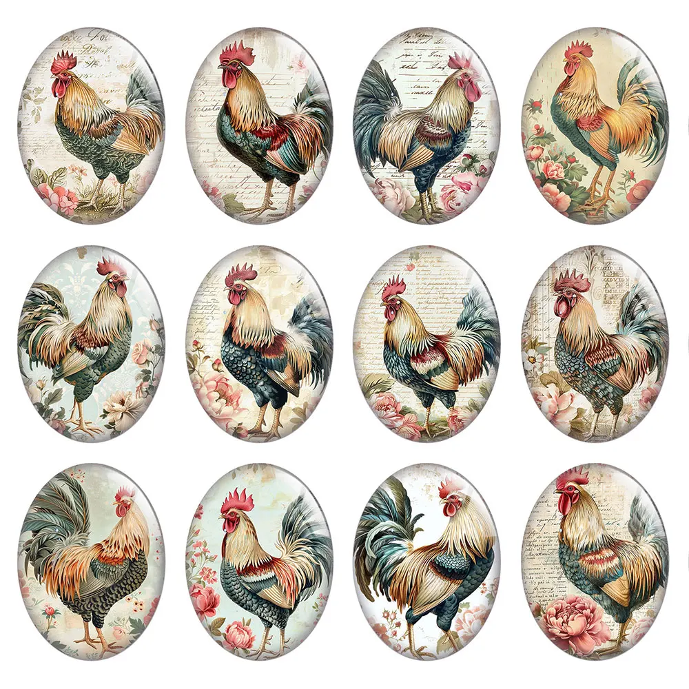 Random Mixed Round/Oval/Square Vintage Letter Rose Rooster Farm Photo Glass Cabochon Flatback Demo Cameo For Diy Jewelry Making