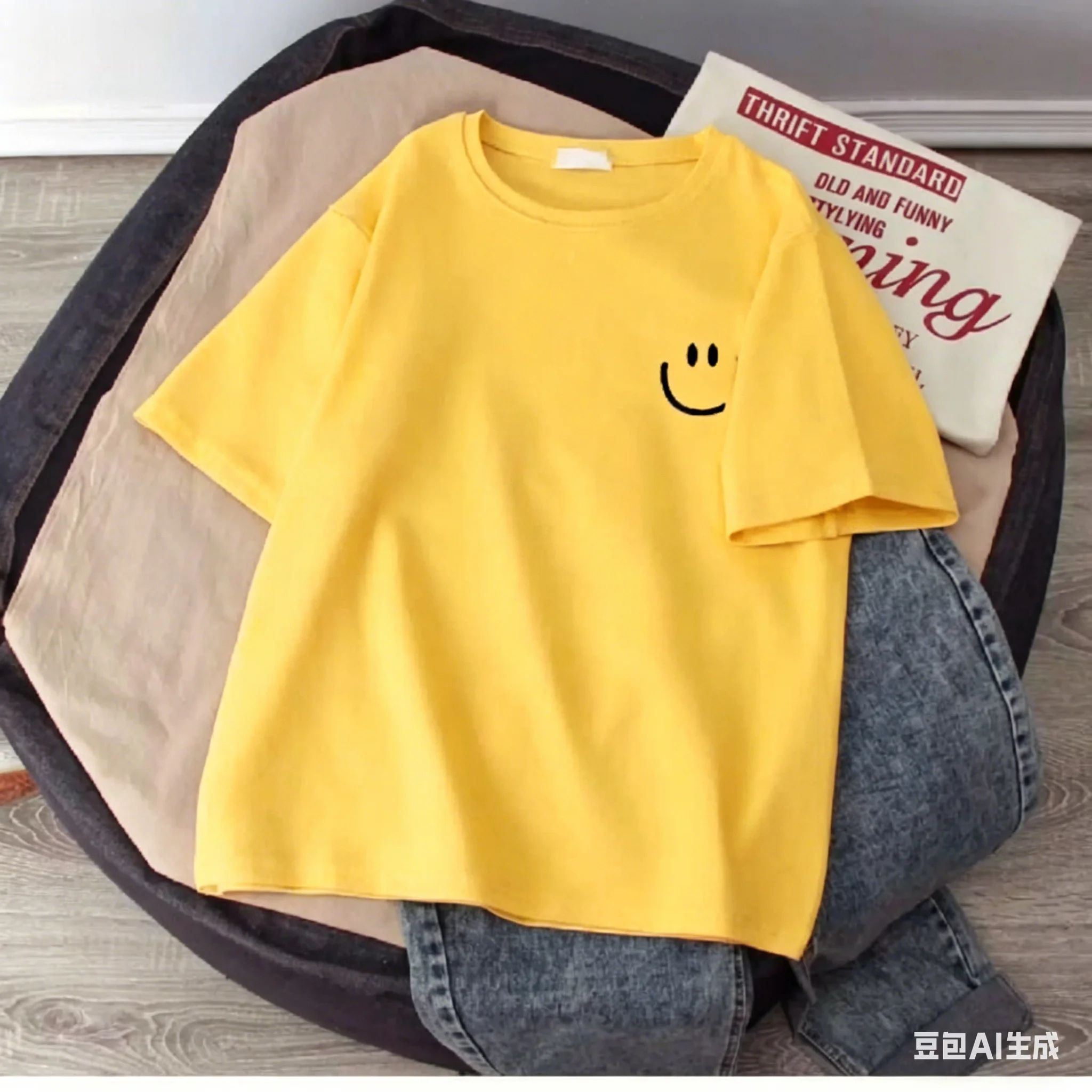 Sommerliches T-Shirt mit lächelndem Gesicht für Kinder, kurzärmelig, aus reiner Baumwolle, locker sitzend, vielseitig, einfach, cool, für Mädchen – Detail 6