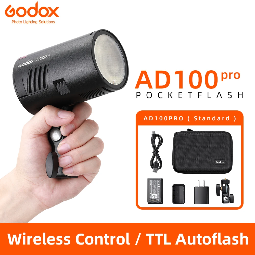 Godox AD100Pro 100Ws TTL 2.4G الأحرار 1/8000s جيب ضوء فلاش مع 7.2V/2600mAh بطارية ليثيوم 360 مضات السلطة الكاملة 0.01-1.5s