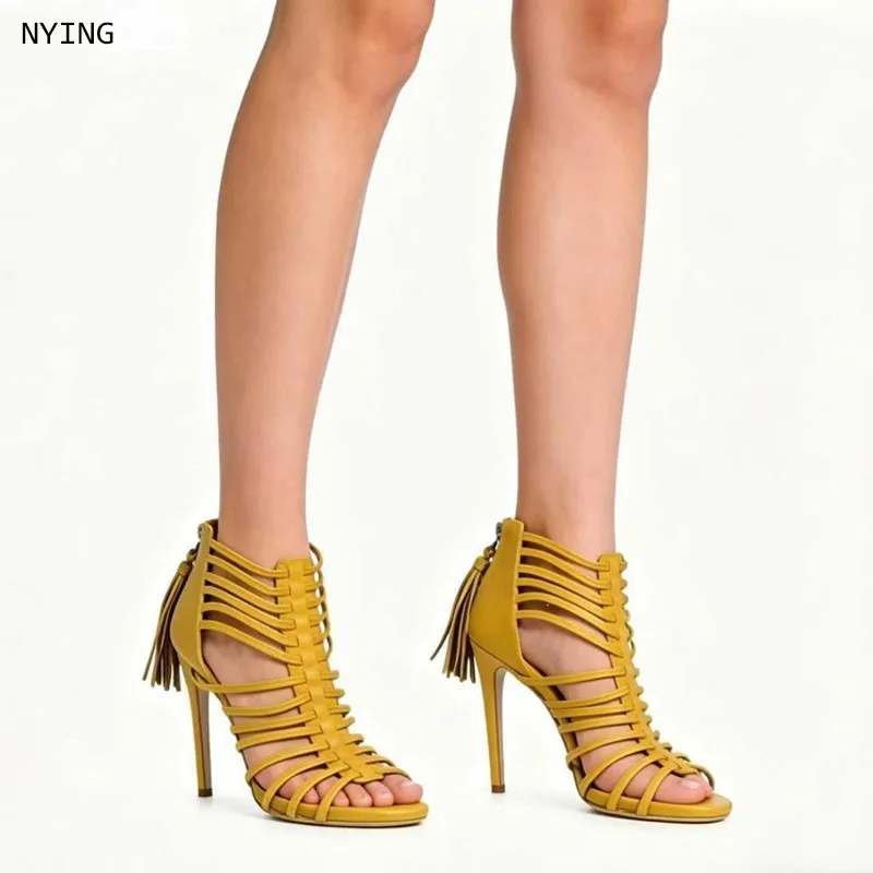 

Women Yellow Multi Strap Cutout Tassel Open Toe Stiletto Heel Gladiator Sandals, Back Zipper Ankle Cuff High Heels for Summer