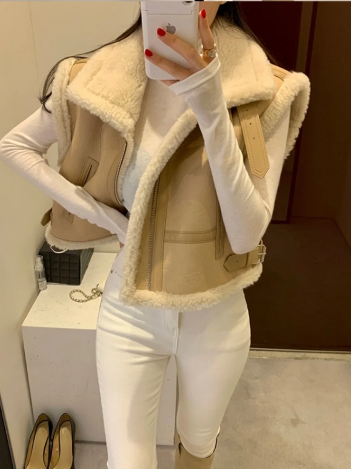 

Lamb Fur Vest Women's Retro High Collar Zipper Warm Fce Lined Inteated Leather oulder Coat ort Length Commute Sle