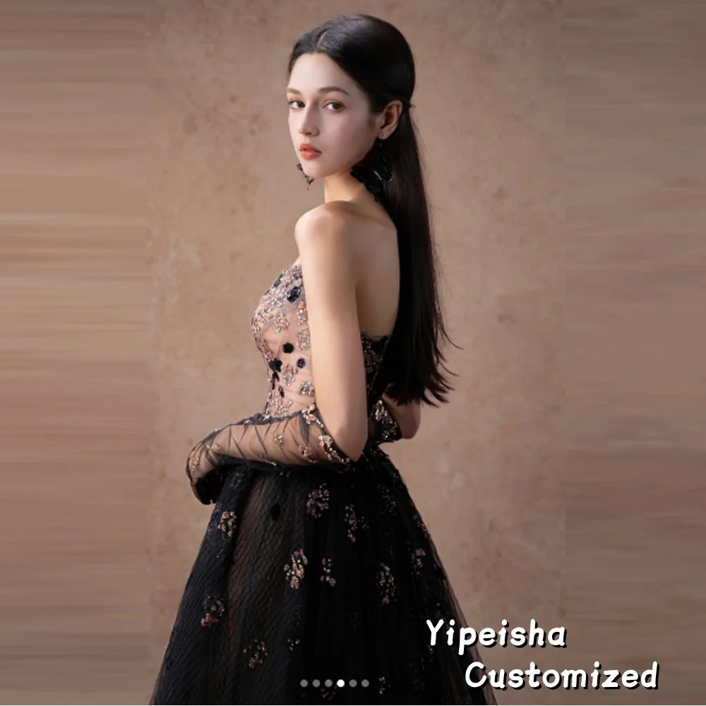 Vestidos de Noche negros de lujo, Apliques de encaje de cristal para mujer, fiesta de boda, vestido de graduación árabe personalizado