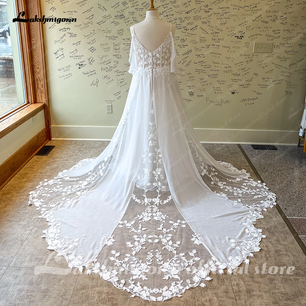 Lakshmigown Spitzen-Chiffon-Brautkleid mit offenem Rücken und V-Ausschnitt für die Braut, maßgeschneidertes Damen-Brautkleid mit Hofschleppe, vestidos de novia par – Detail 6
