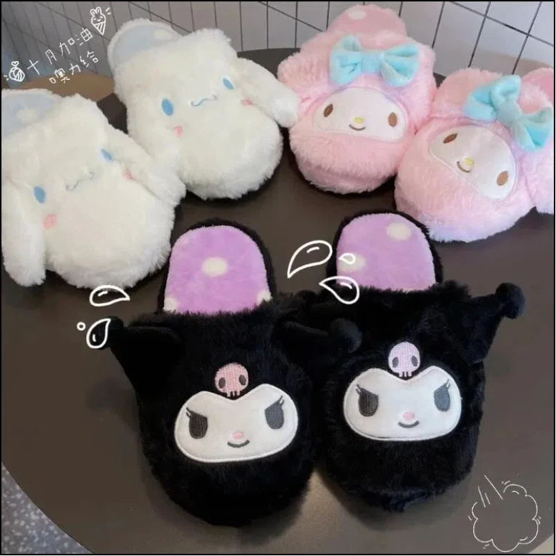 Sanrios Cartoon Kawaii Mymelody Kuromi Cinnamoroll Plush Three-Dimensional Home Dormitory Floor Slippers Plush Slippers