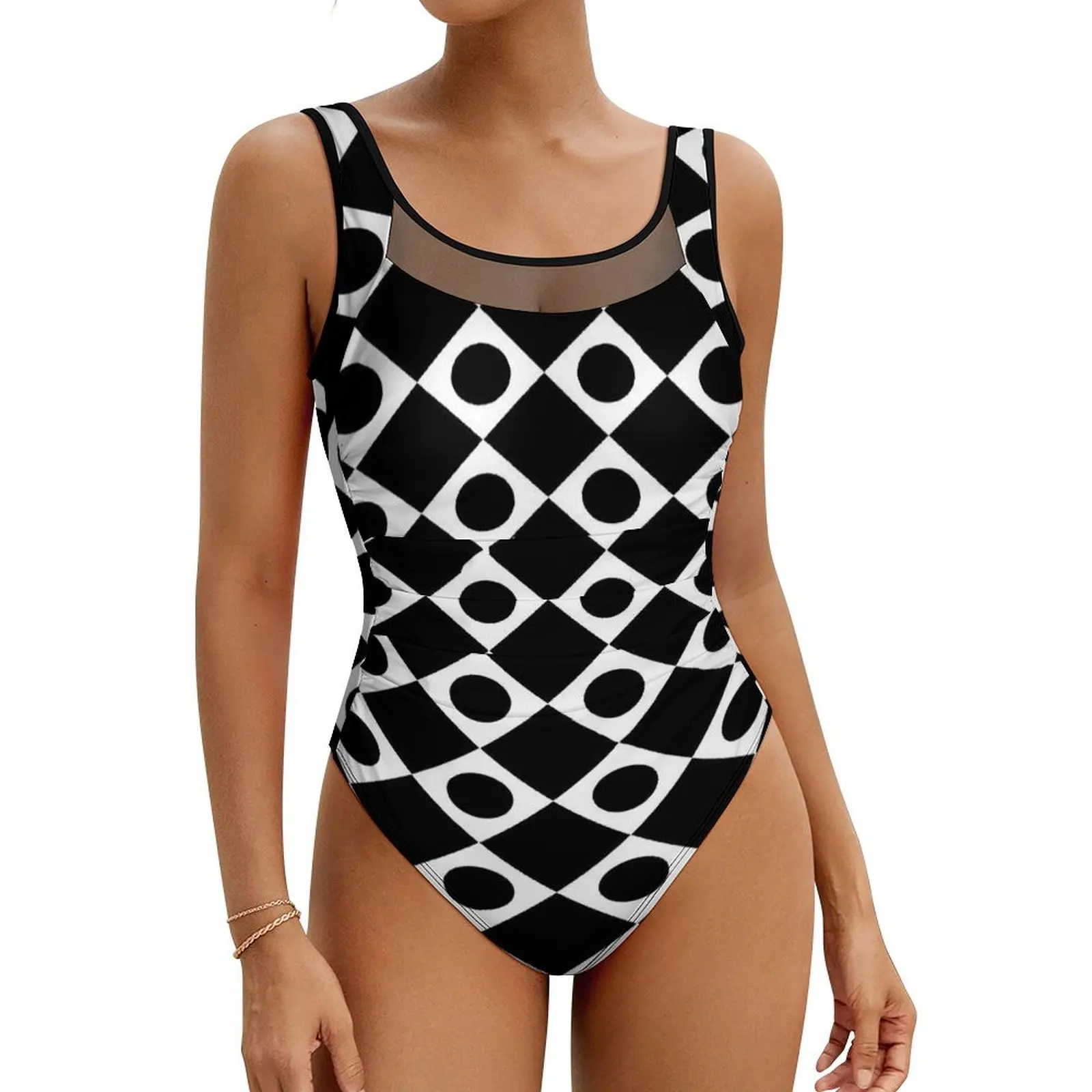 

Retro Mod 60s Swimsuit Black And White One-Piece Swimwear Push Up Stylish Bathing Suits Sexy Holiday Pool Design Bodysuit
