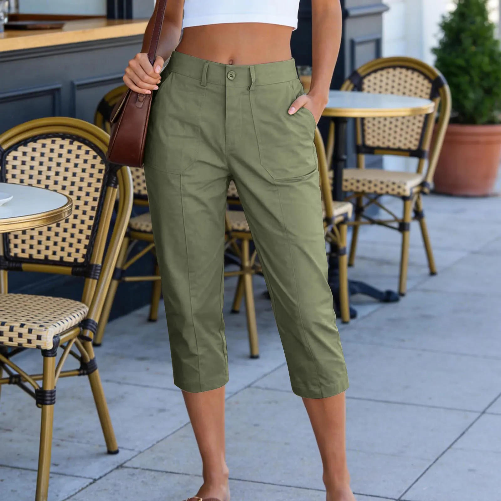 Women Solid Color High Waist Cargo Pants With Pockets Loose Casual 7/8 Length Work Trousers Summer Daily Pants