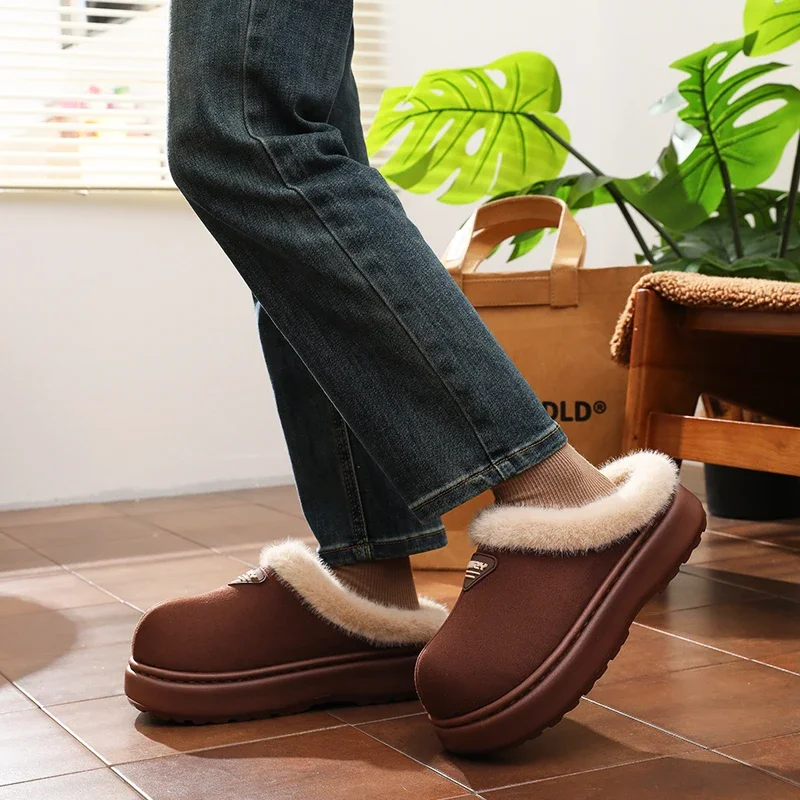 Women Warm Winter Suede Slippers Men Casual Home Indoor Plush Slipper Couple Cozy Anti-slip Outdoor Height Increasing Shoes