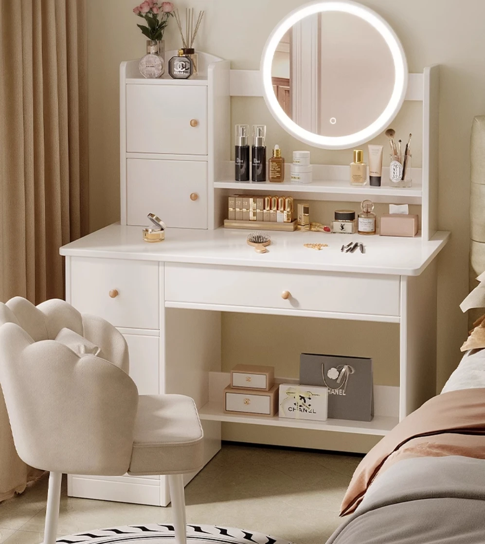 

#2025 New Simple Modern Pine Solid Wood Dressing Table Adjustable Lighted Mirror Durable Makeup Cabinet Small Bedrooms Apartment