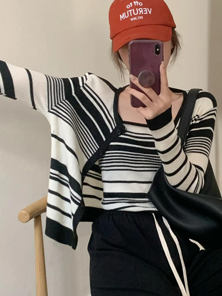 Striped Sets Women Panelled Cardigan Slim Korean Style Office Lady All-match Tanks Leisure Streetwear Stretchy Cropped Knitwear