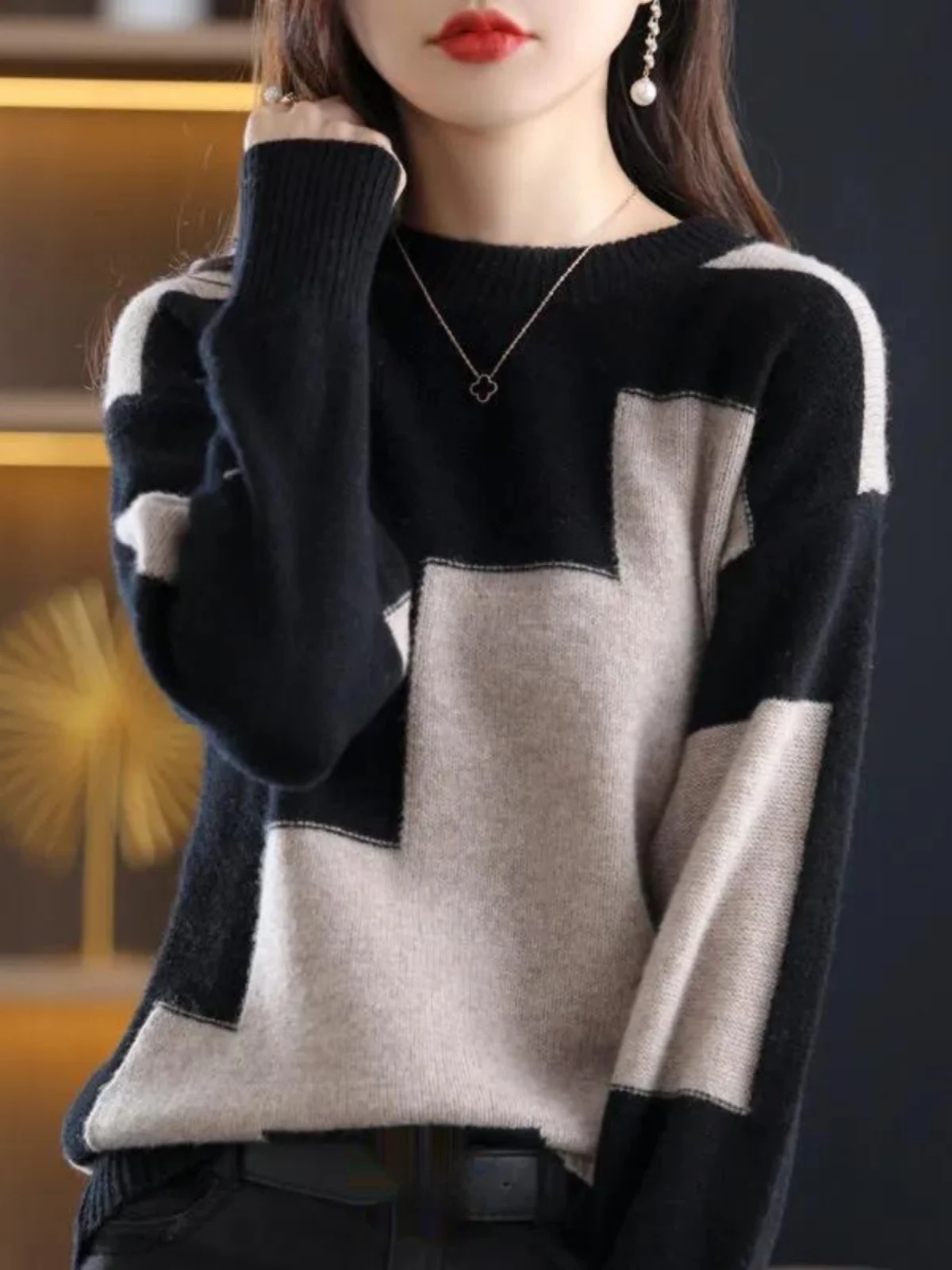 

Color Blo round Ne Knitted Sweater Women's ort Loose Fit Overhead Warm Soft Inner Outer Wear Spring Autumn Winter